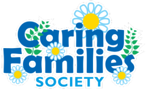 Logo for Caring Families Society with blue lettering and daisies with yellow centers, on a black background